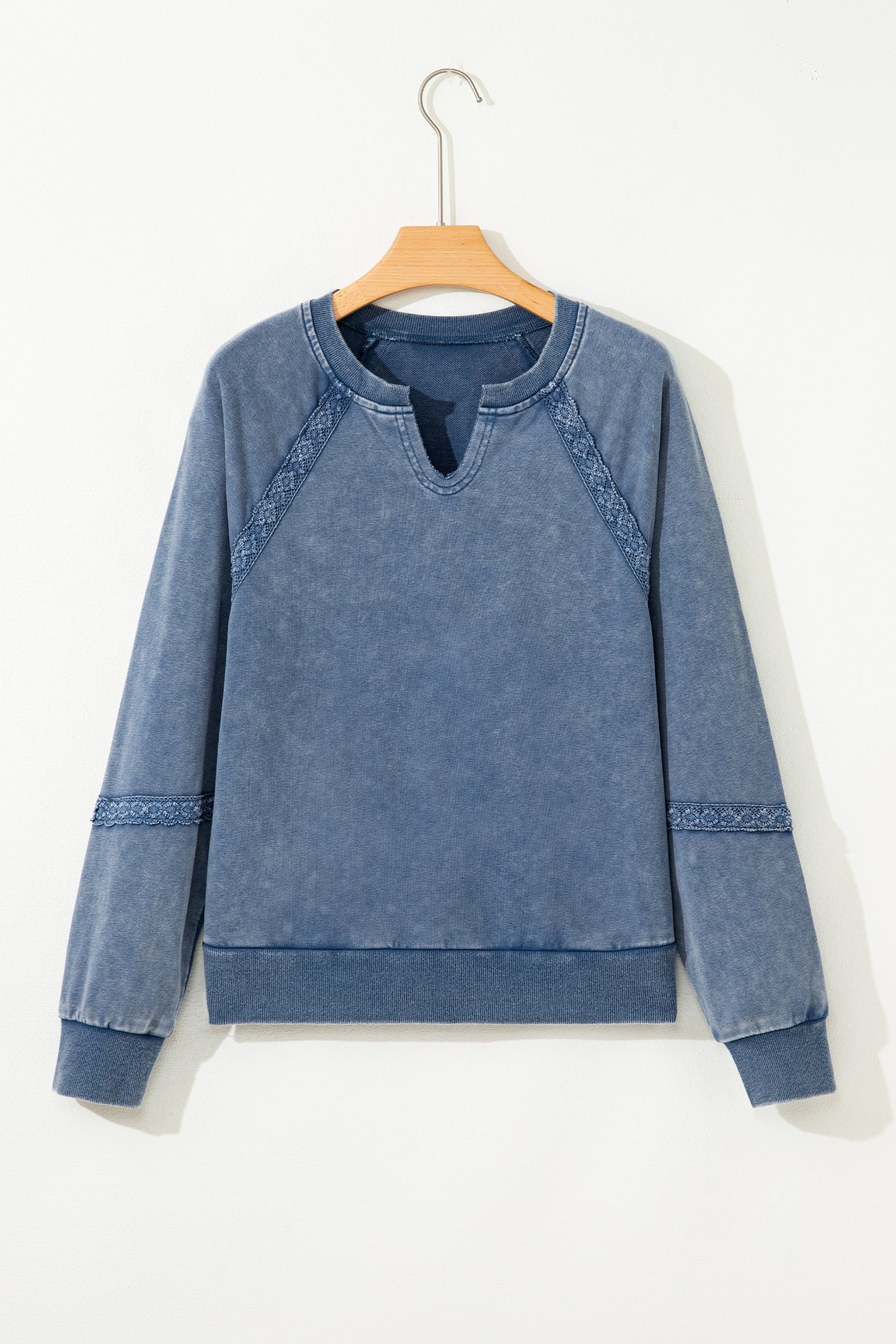 Jungle Green Lace Patchwork Detail Notched Neck Mineral Wash Baggy Sweatshirt