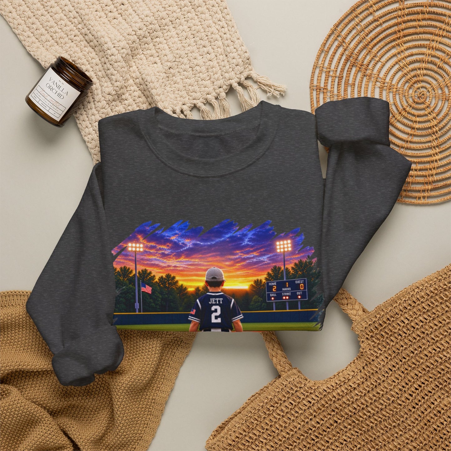 *** SPECIAL REQUEST - MORGAN JETT - GILDAN - Baseball Player Sunset Crewneck Sweatshirt — "Go Jack!" Team Spirit Crew