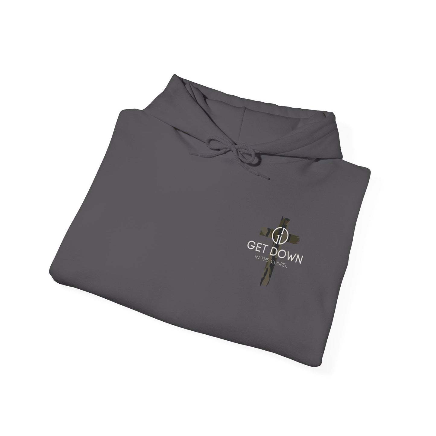 GET DOWN IN THE GOSPEL ADULT HOODIE GREEN CAMO CROSS