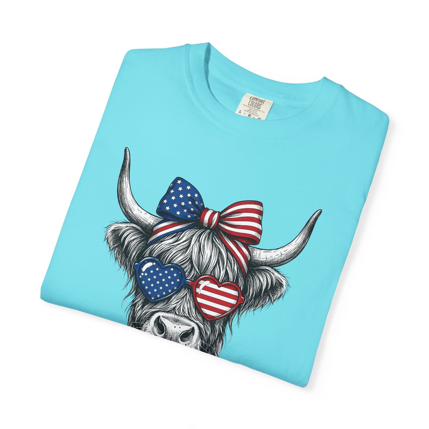 COMFORT COLORS - Patriotic Highland Cow T-Shirt — American Flag Heart Sunglasses