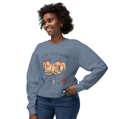COMFORT COLORS -Crewneck Sweatshirt — "No One Fights Alone" Hands & Medical Symbols Support Pullover