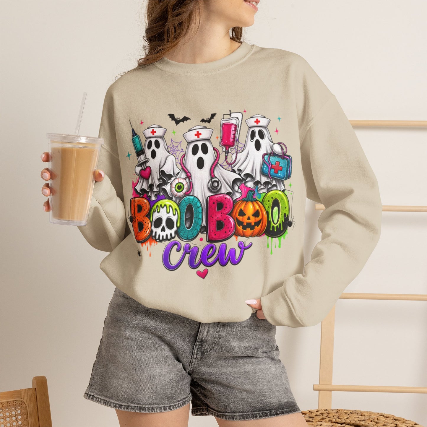 GILDAN - Boo Boo Crew Sweatshirt — Cute Nurse Ghosts Halloween Crewneck