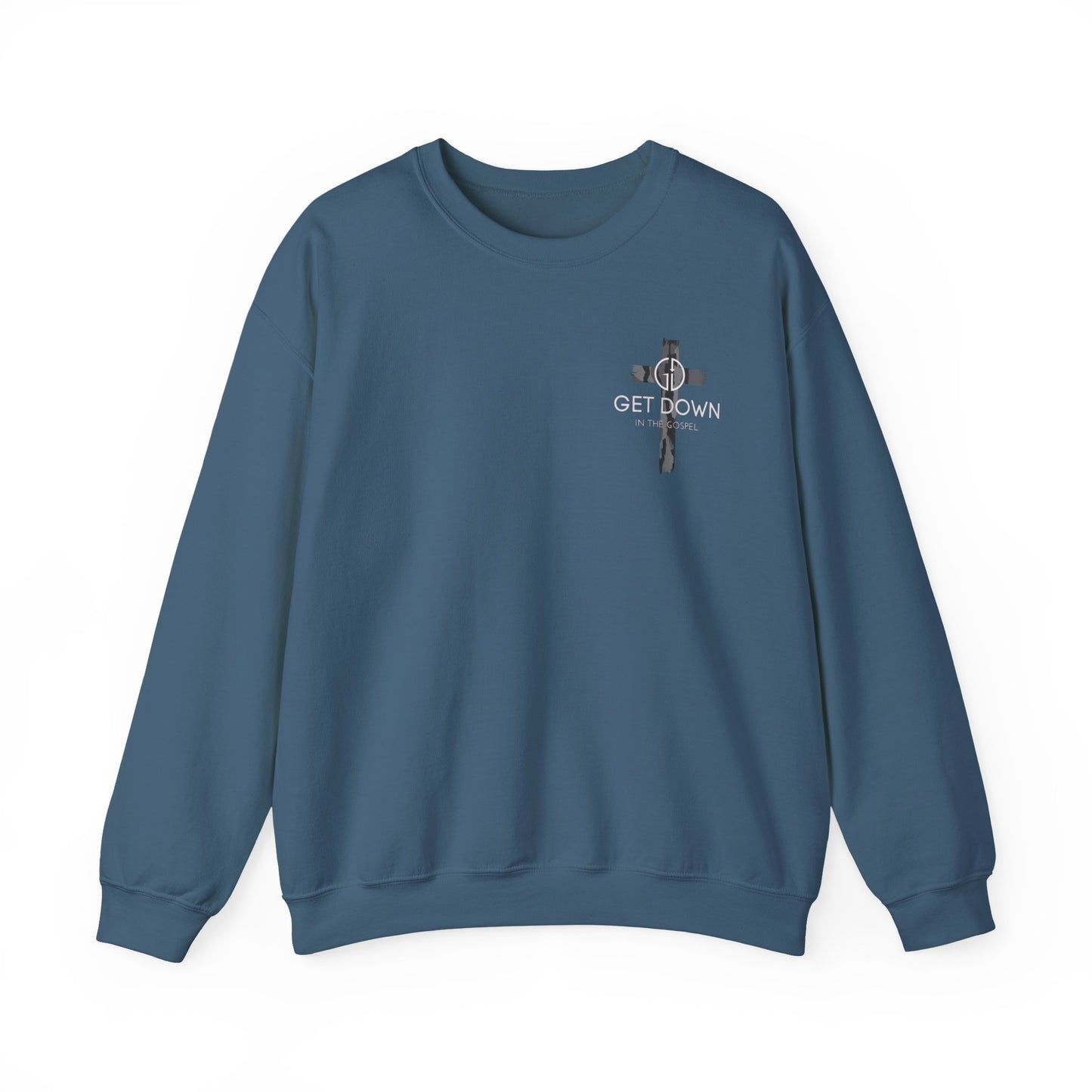 GILDAN - GET DOWN IN THE GOSPEL ADULT SWEATSHIRT GRAY CAMO CROSS