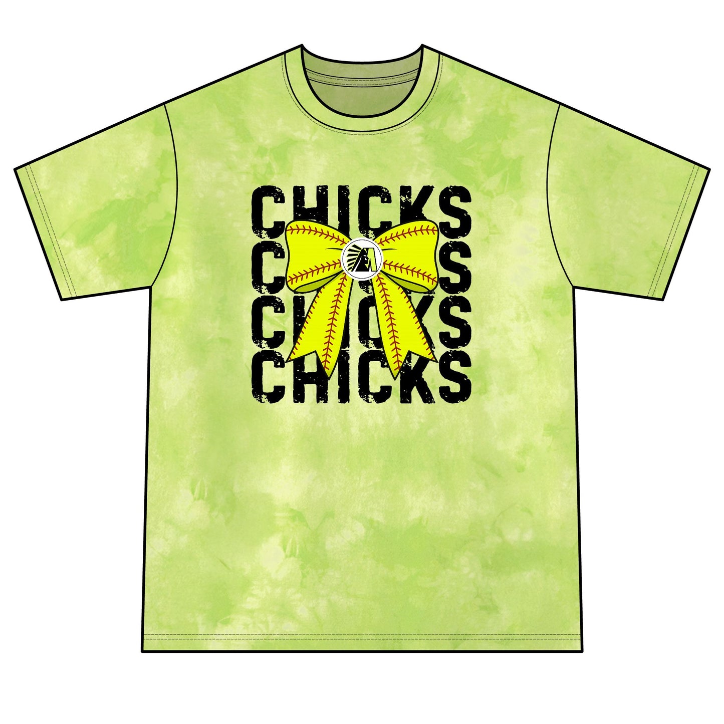 Chicks Tie-Dye Tee — Yellow Bow Graphic Soft Cotton Shirt
