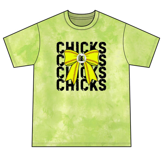 Chicks Tie-Dye Tee — Yellow Bow Graphic Soft Cotton Shirt