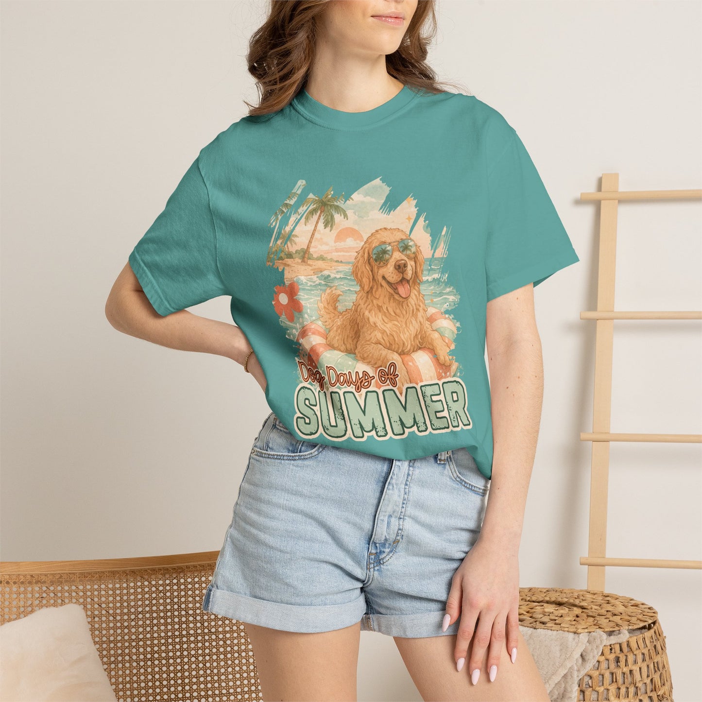 COMFORT COLORS - Dog Days of Summer T-Shirt — Retro Golden Retriever Beach Tee