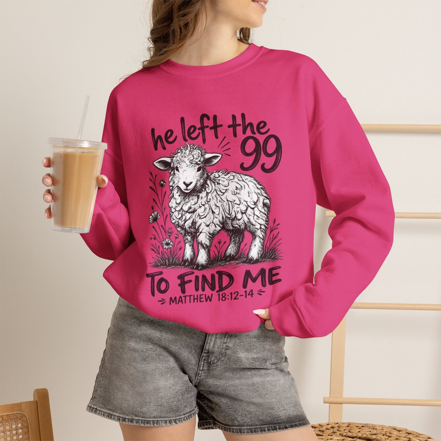 GILDAN - Christian Crewneck Sweatshirt — "He Left the 99 to Find Me" Lamb Graphic