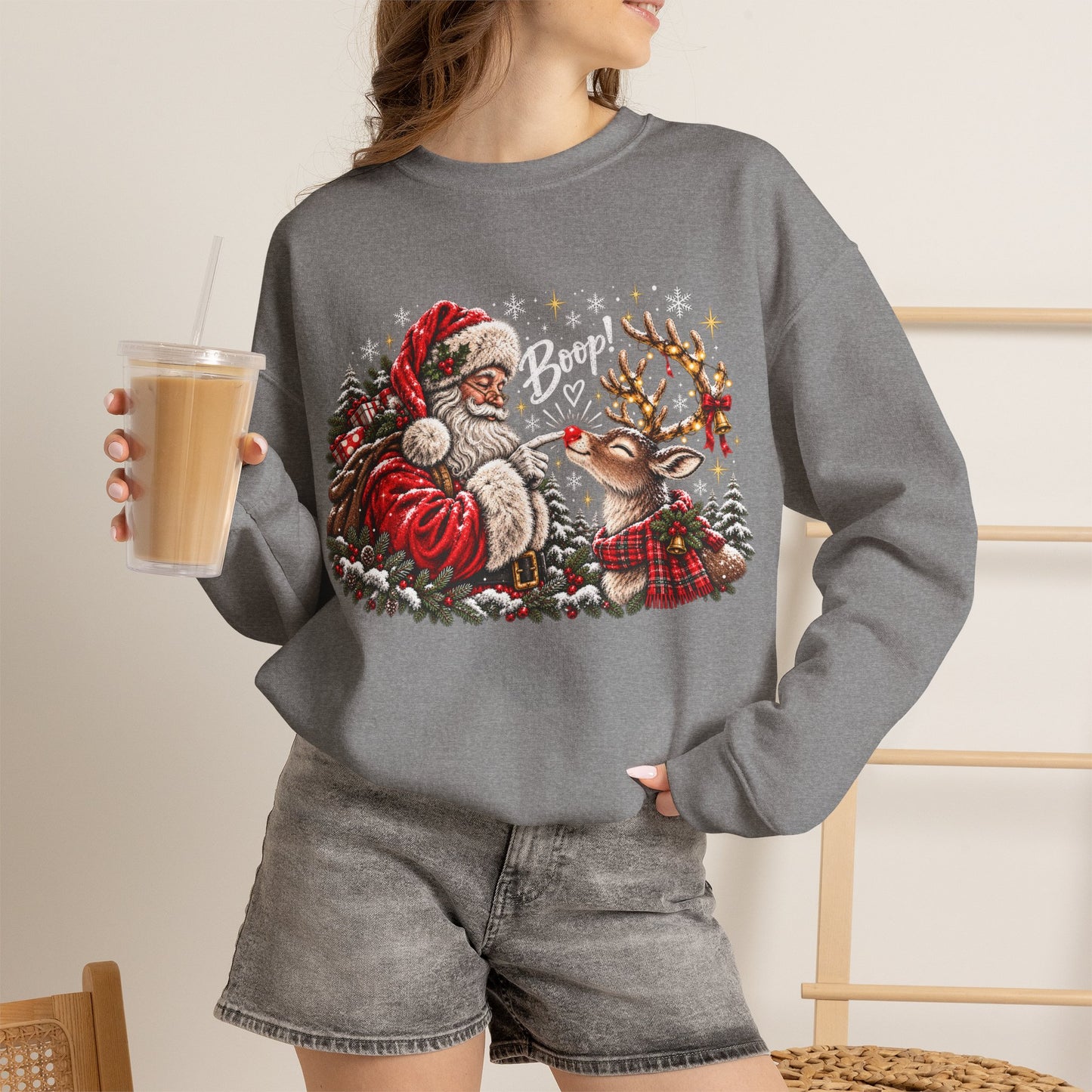 GILDAN - Christmas Santa and Reindeer Crewneck Sweatshirt