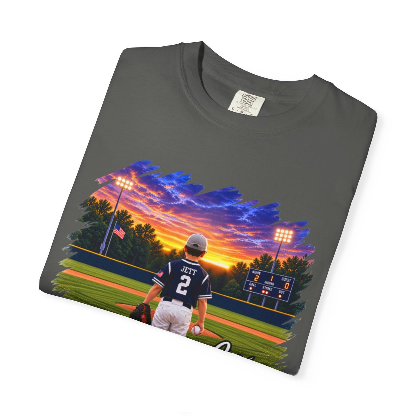 *** SPECIAL REQUESTS - MORGAN JETT - COMFORT COLORS - Baseball Player Sunset T-Shirt — "Go Jack" Personalized Team Tee