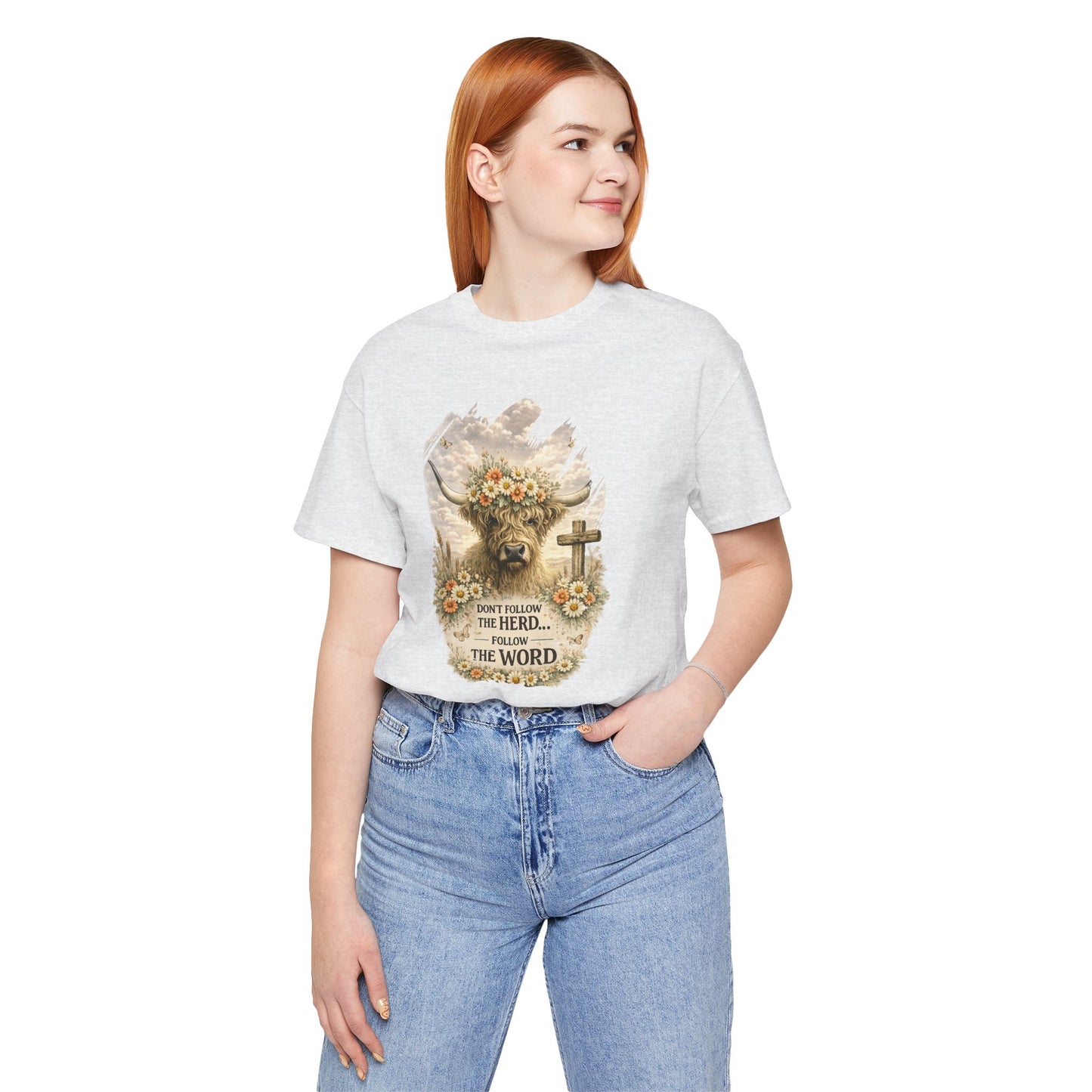 Christian Cow Graphic Tee - "Don't Follow the Herd, Follow the Word" Floral Cross T-Shirt