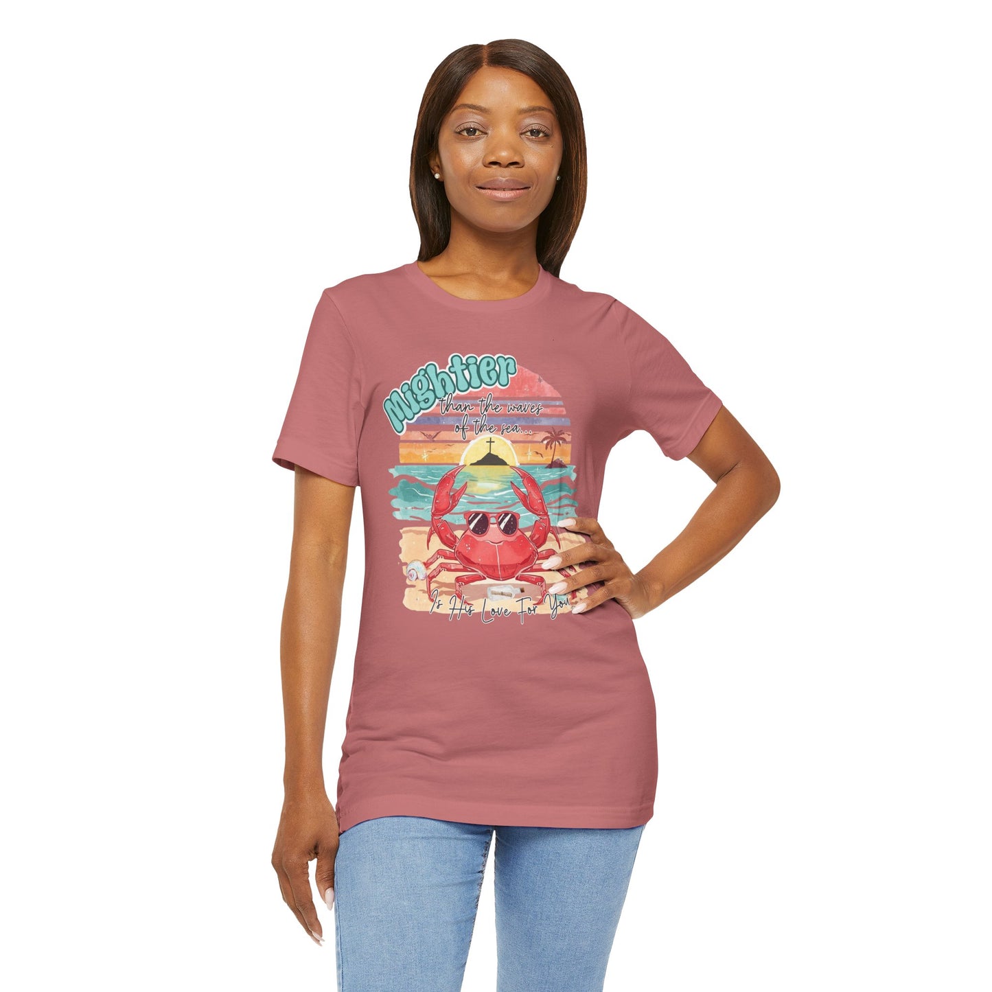 BELLA CANVAS  - Crabby Beach Vibes T‑Shirt — "Mightier" Retro Sunset Crab Tee