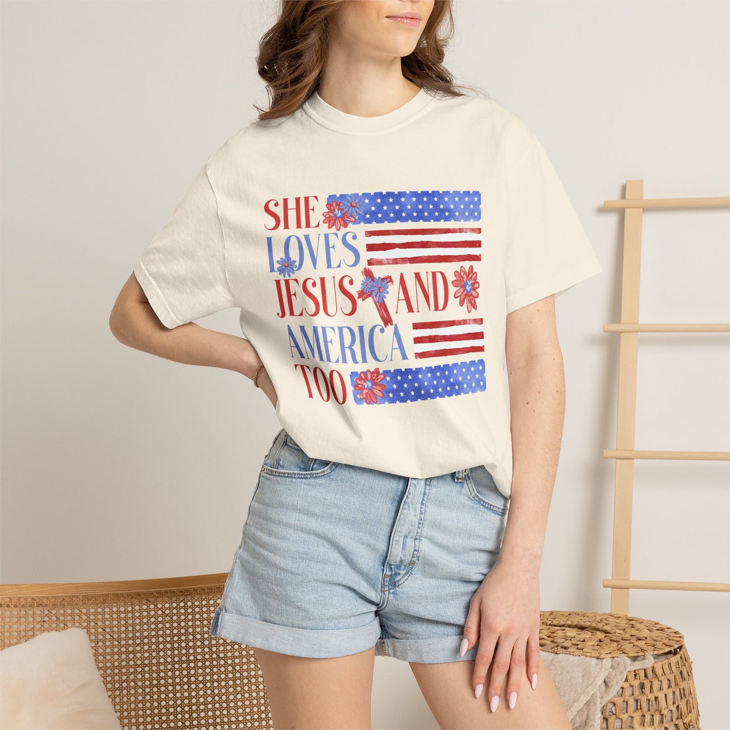 COMFORT COLORS - She Loves Jesus and America Too T-Shirt — Patriotic Christian Tee for Women (July 4th)
