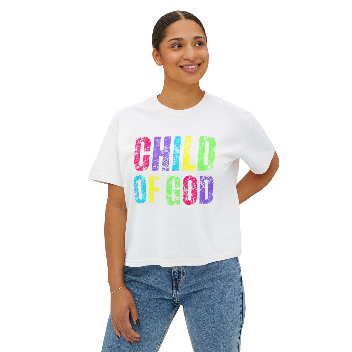 COMFORT COLORS - Child of God Boxy Tee — Women's Rainbow Faith T‑Shirt