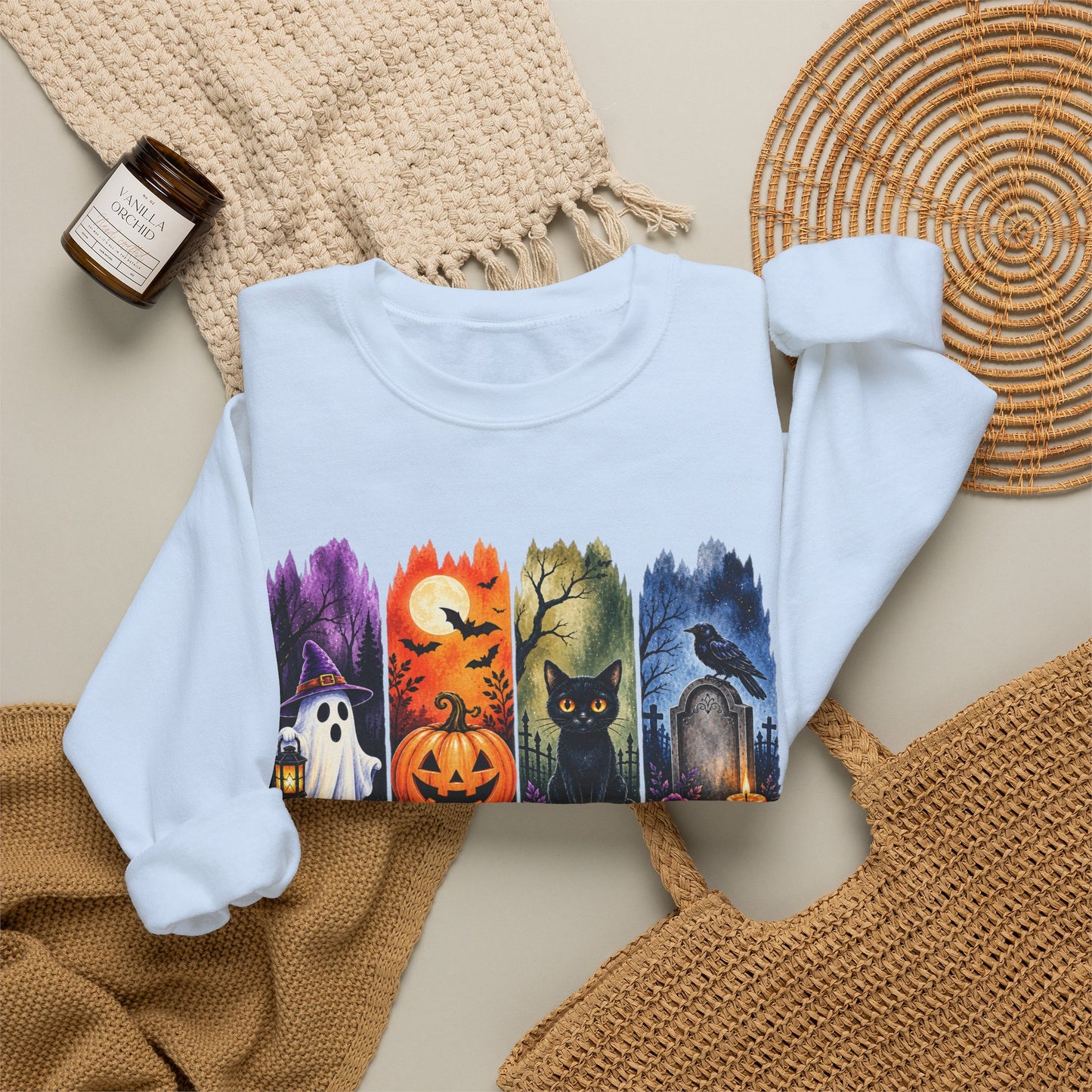 GILDAN - Spooky Season Halloween Crewneck Sweatshirt — Ghost, Jack-O'-Lantern & Black Cat Design