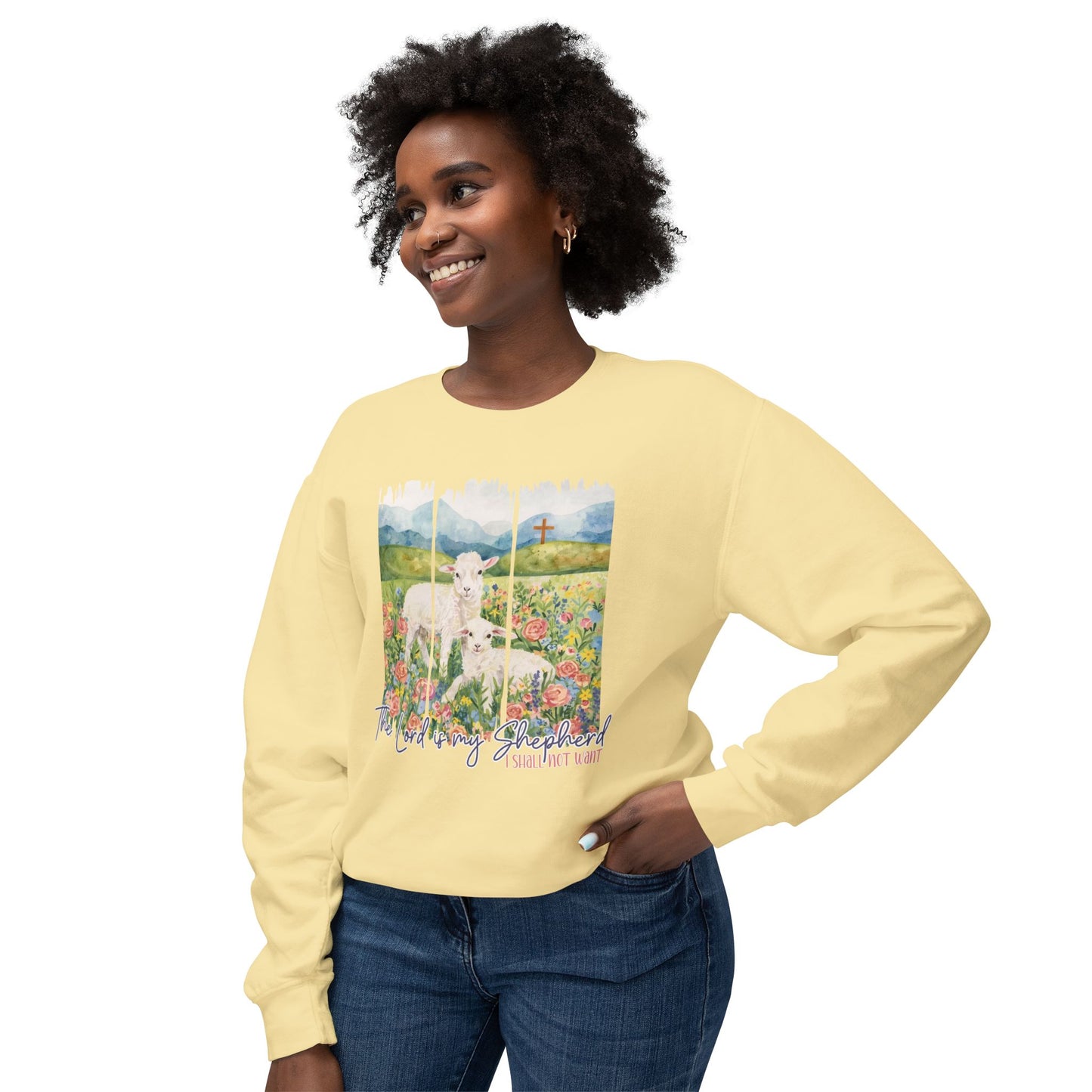 COMFORT COLORS - Shepherd Lamb Crewneck Sweatshirt — "Thou Wilt Keep Him in Perfect Peace" Floral Lamb Design