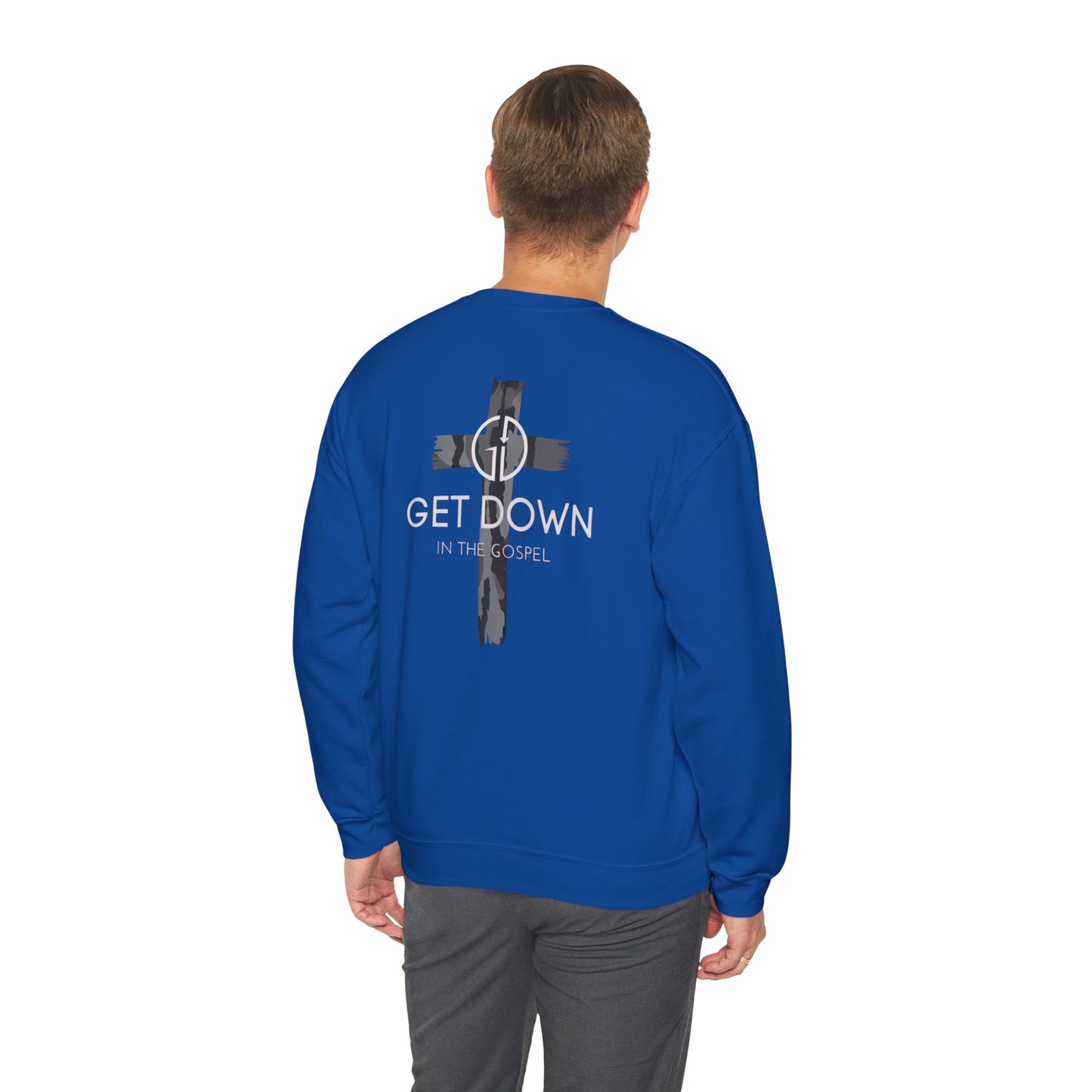 GILDAN - GET DOWN IN THE GOSPEL ADULT SWEATSHIRT GRAY CAMO CROSS