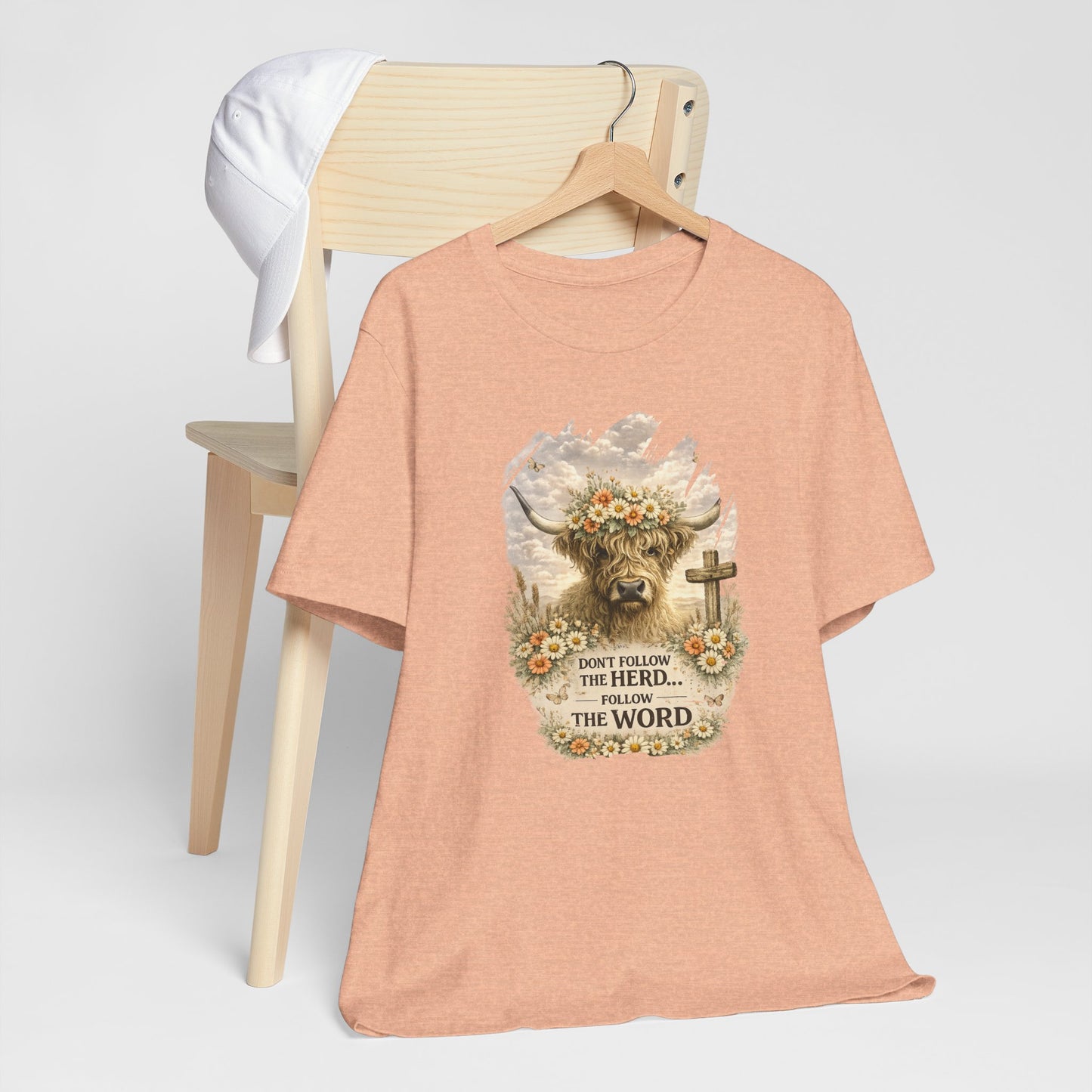 Christian Cow Graphic Tee - "Don't Follow the Herd, Follow the Word" Floral Cross T-Shirt