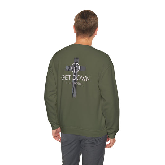 GILDAN - GET DOWN IN THE GOSPEL ADULT SWEATSHIRT GRAY CAMO CROSS