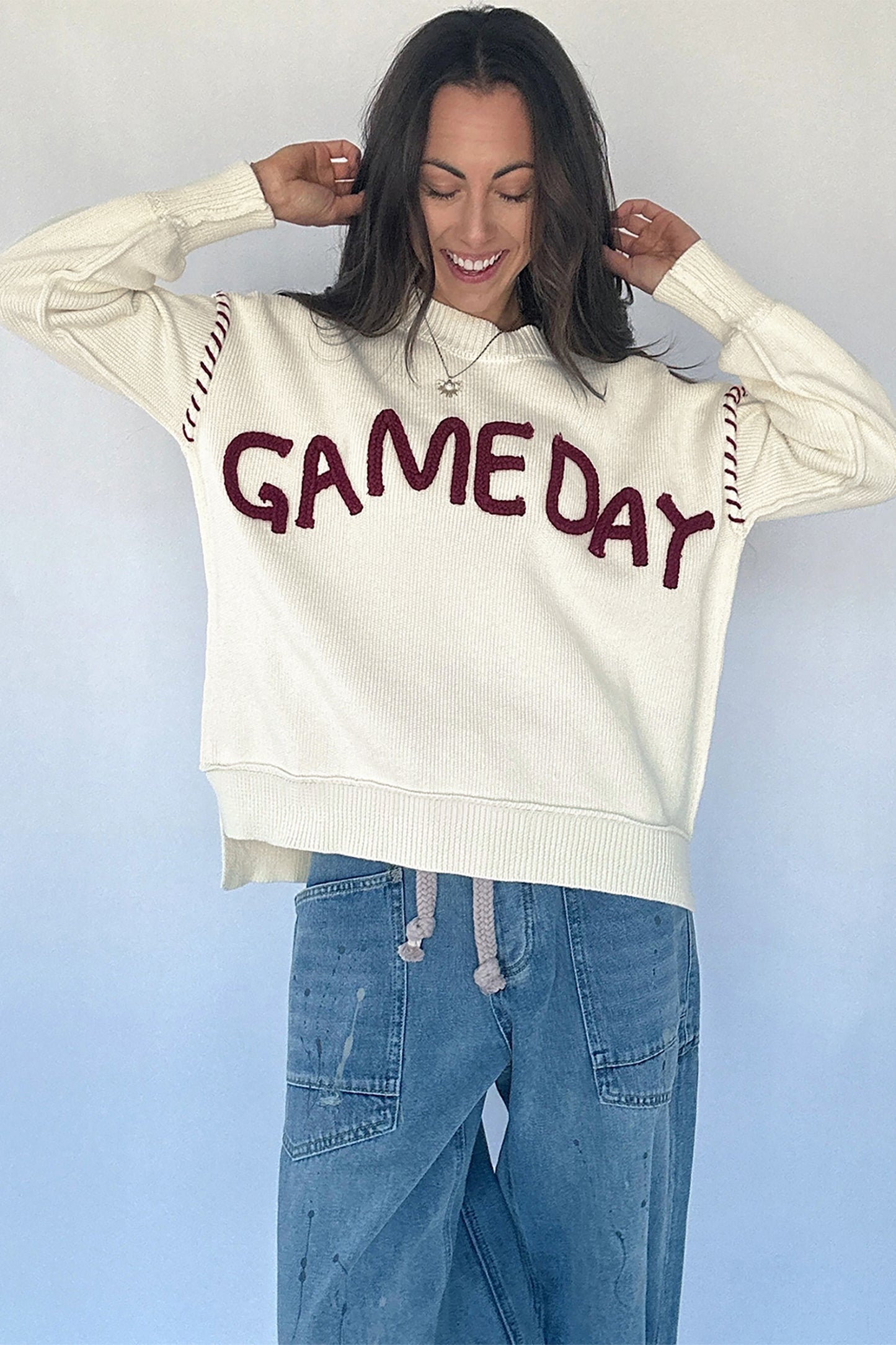 Beige Drop Shoulder Game Day Letter Print Pullover Sweater