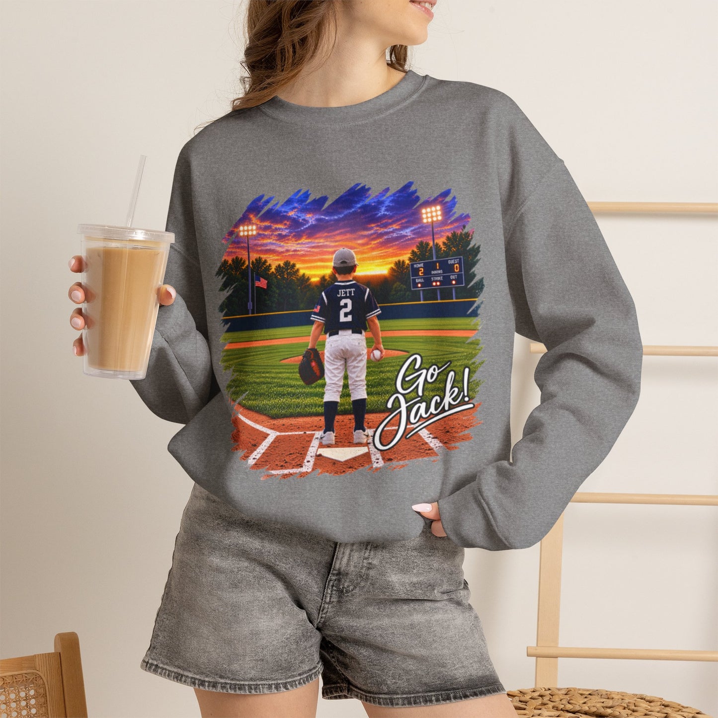*** SPECIAL REQUEST - MORGAN JETT - GILDAN - Baseball Player Sunset Crewneck Sweatshirt — "Go Jack!" Team Spirit Crew