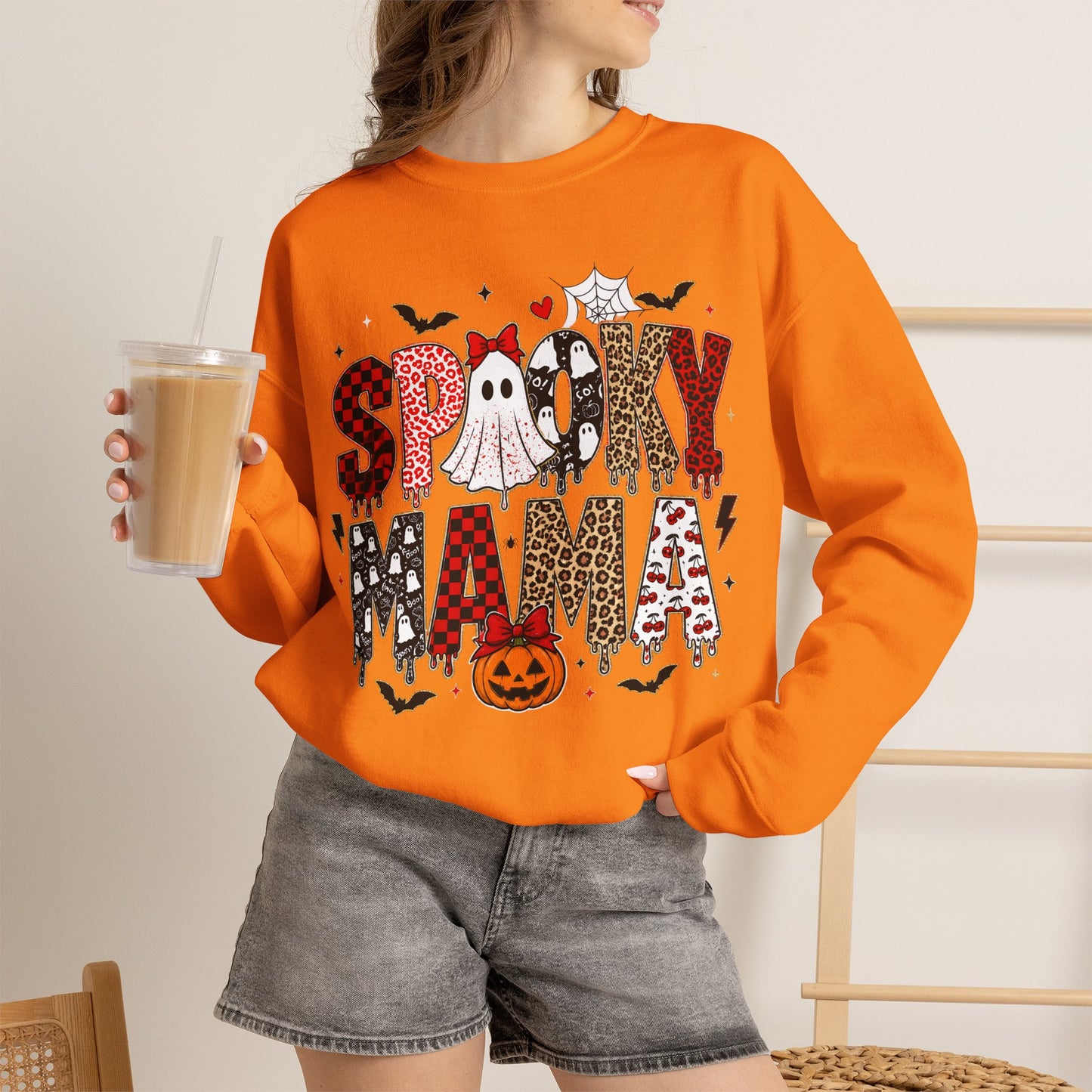 GILDAN - Spooky Mama Sweatshirt – Cute Halloween Ghost & Pumpkin Graphic Crewneck