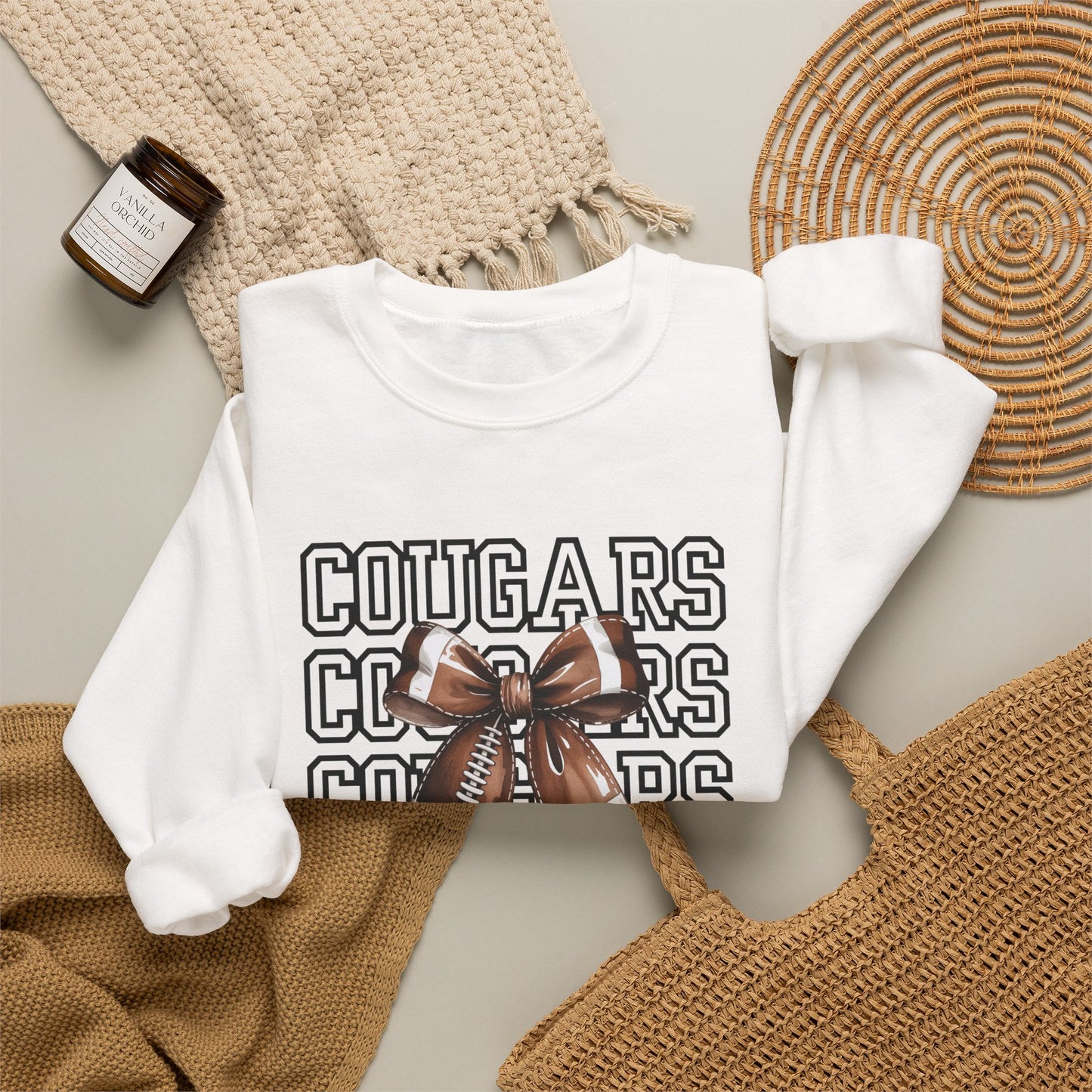 GILDAN - Cougars Cheer Bow Sweatshirt - Repeated Text Graphic Crewneck