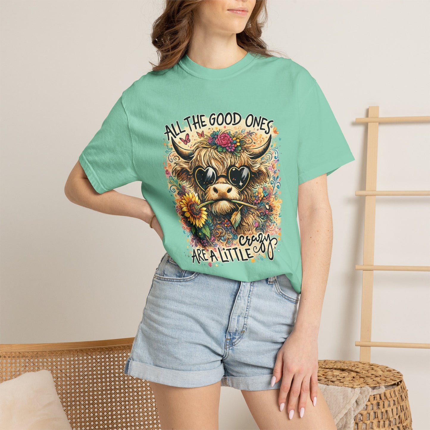 COMFORT COLORS - Cow Graphic T-Shirt — "All the Good Ones Are a Little Crazy" Floral Sunflower Design