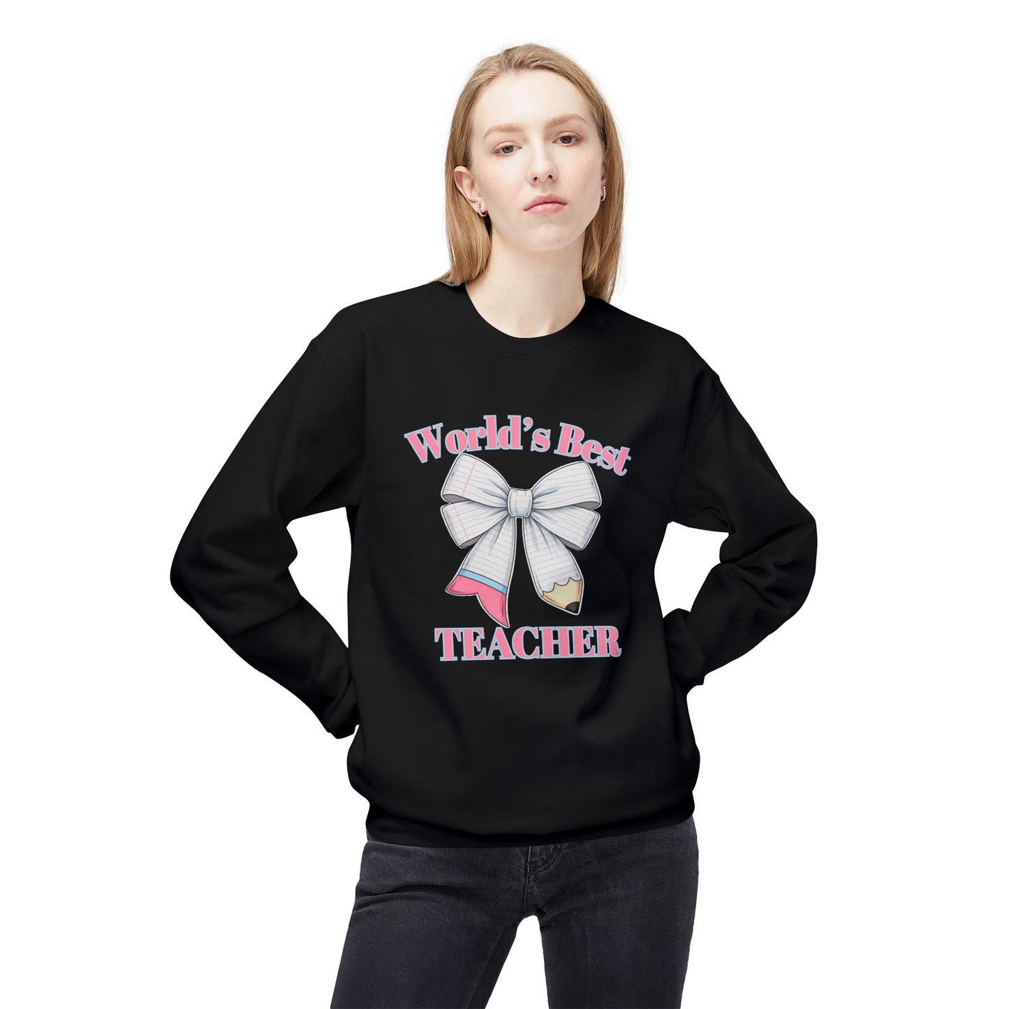 GILDAN -World’s Best Teacher Crewneck Sweatshirt — Bow & Pencil Teacher Gift