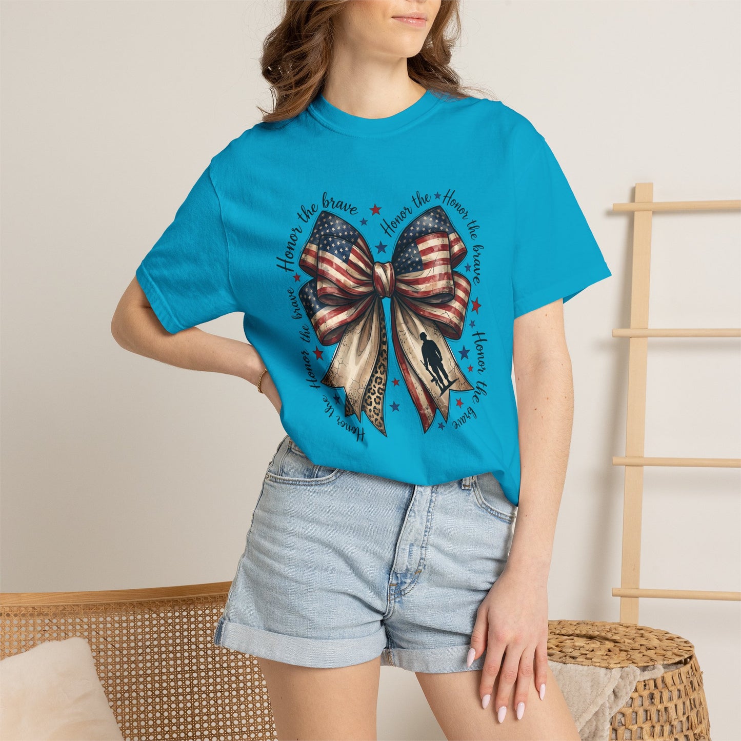 COMFORT COLORS - Patriotic American Flag Bow T-Shirt — "Home of the Brave" Fourth of July Tee