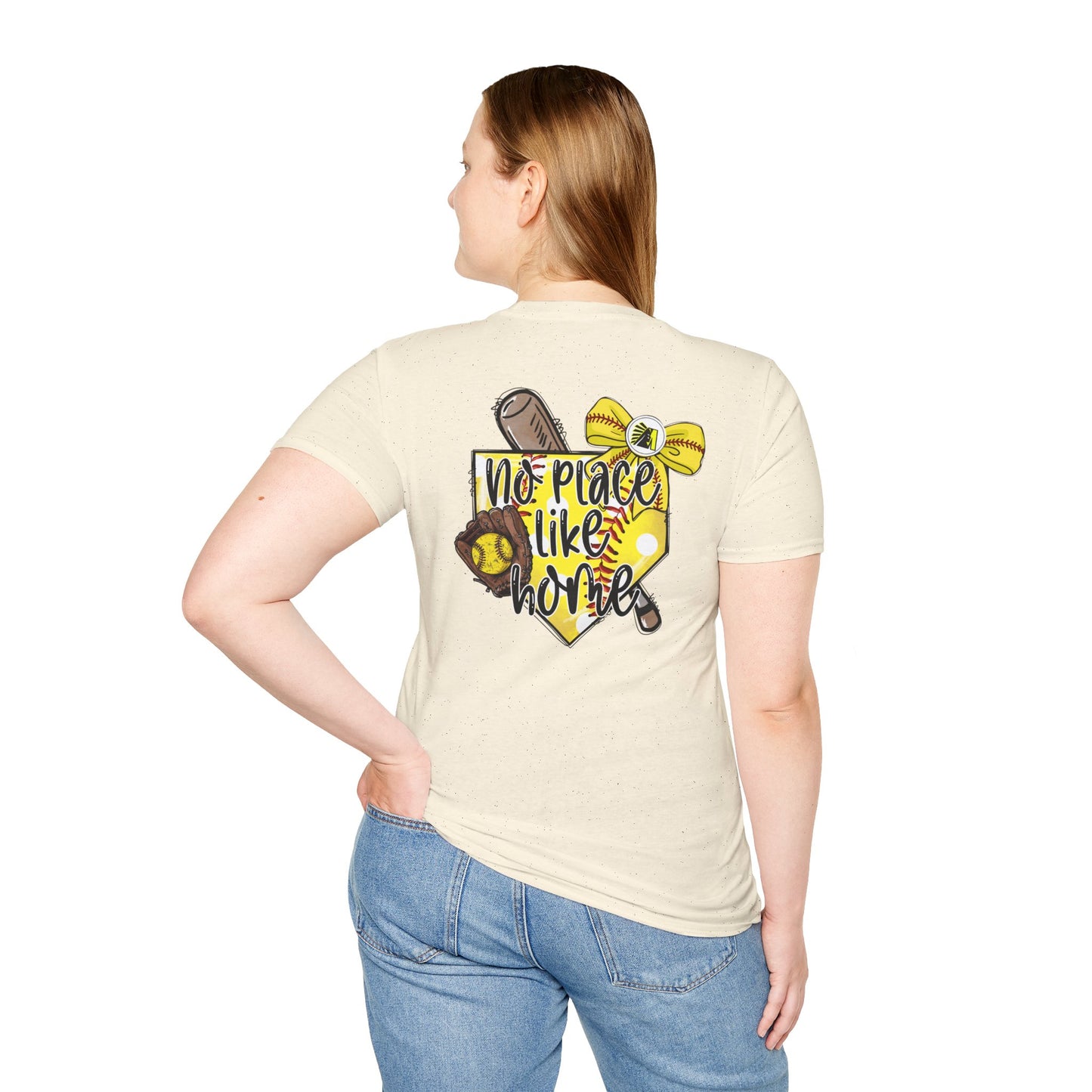 Softball T-Shirt — "No Place Like Home" Yellow Glove & Bat Design