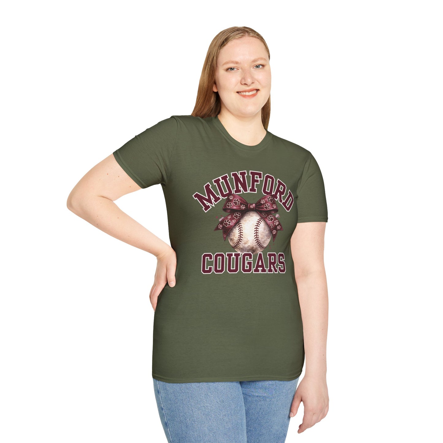 Munford Cougars Softball T-Shirt — Baseball with Bow Team Tee