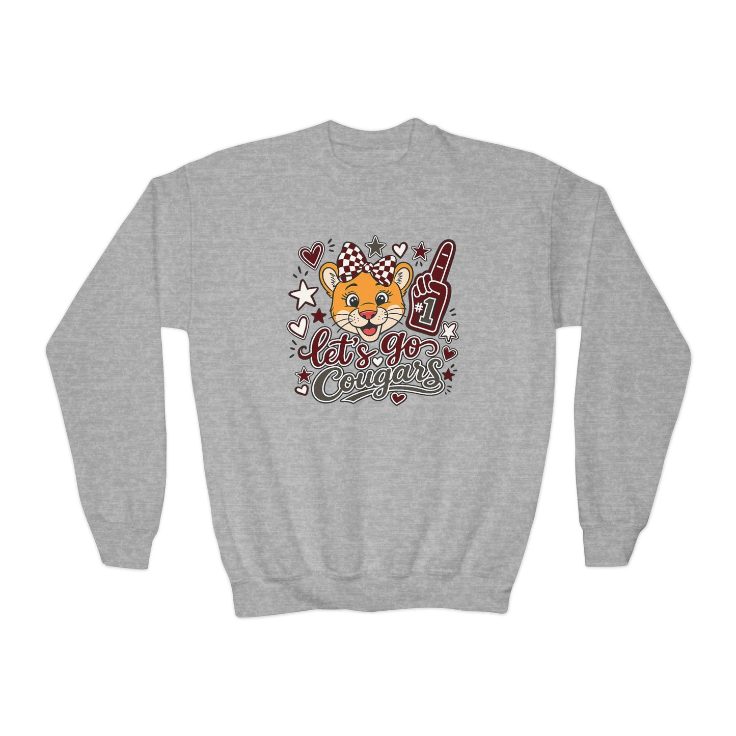 GILDAN - Youth Crewneck Sweatshirt — Cheerleader Tiger Mascot "Let's Go Cougars"