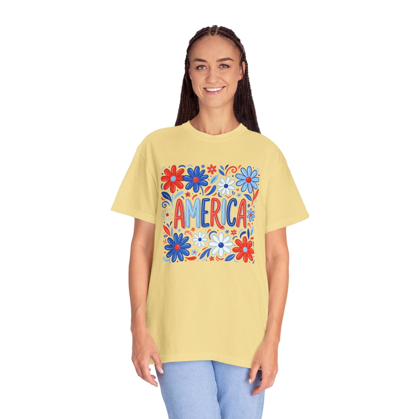 COMFORT COLORS - America Floral T-Shirt — Red, White & Blue Patriotic Tee