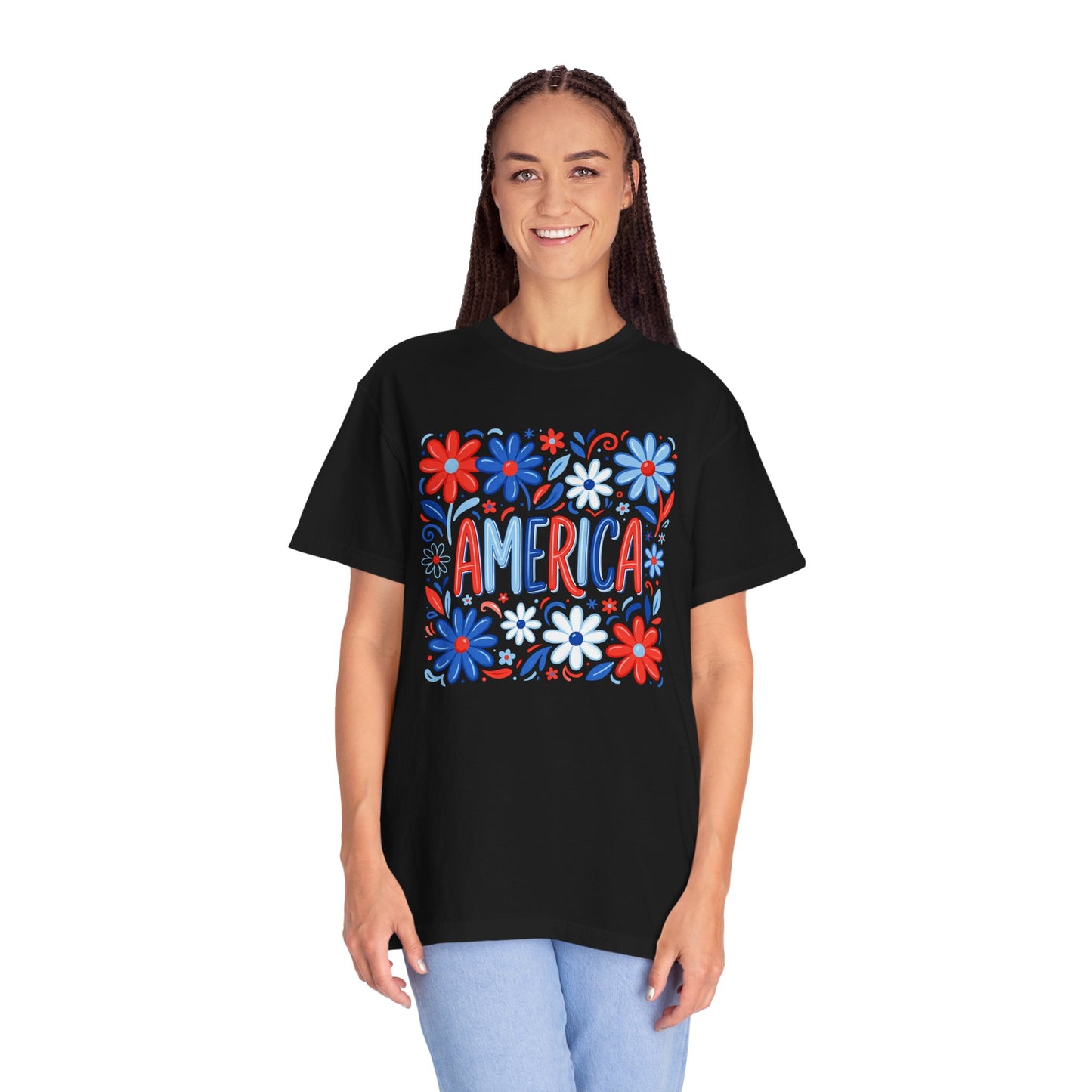 COMFORT COLORS - America Floral T-Shirt — Red, White & Blue Patriotic Tee