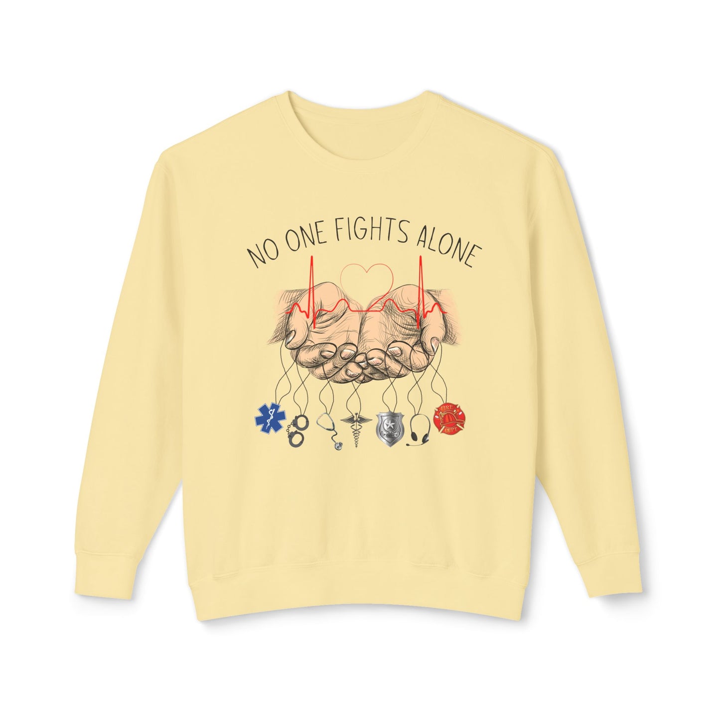 COMFORT COLORS -Crewneck Sweatshirt — "No One Fights Alone" Hands & Medical Symbols Support Pullover