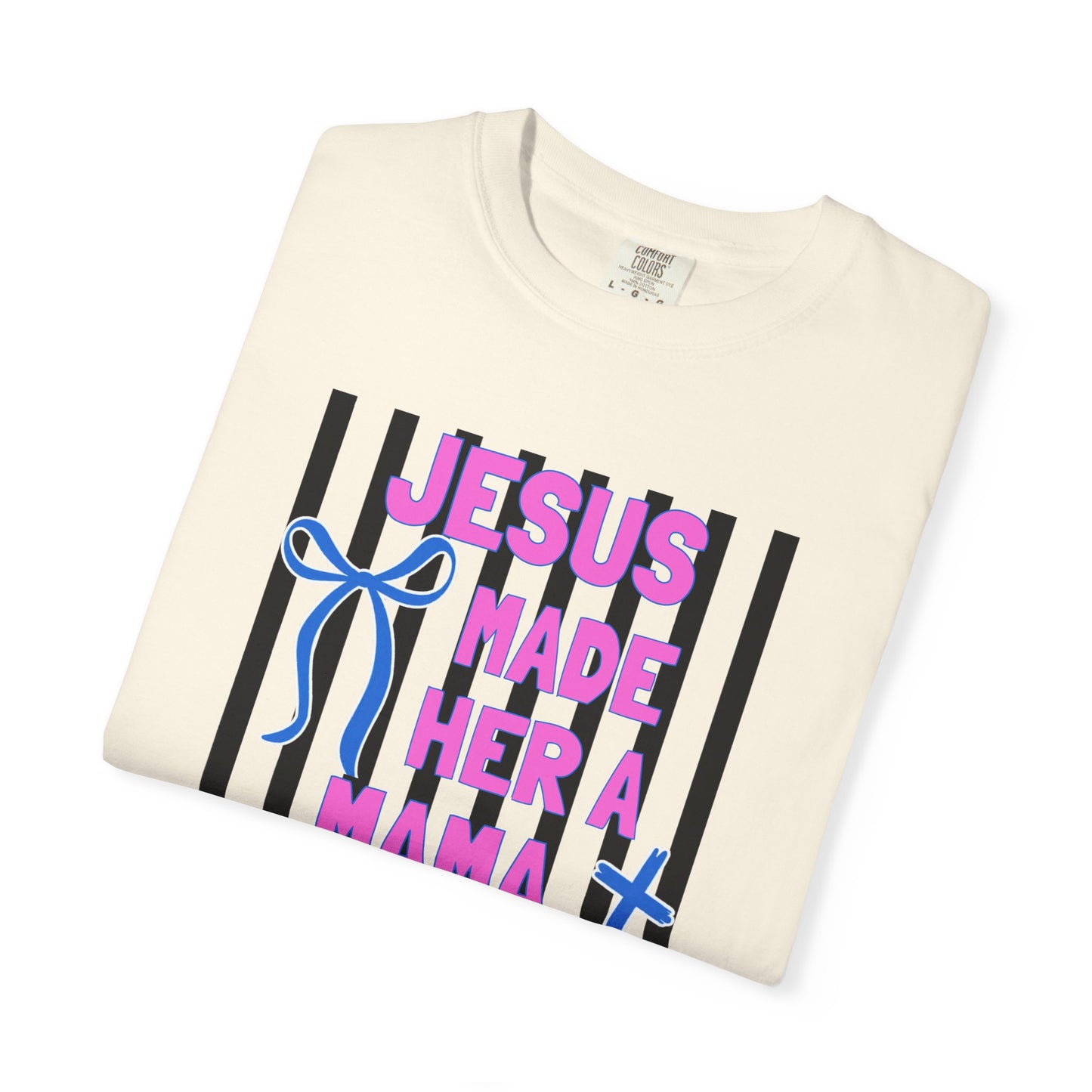 Jesus Made Her a Mama T-Shirt — Christian Mom Tee (Pink & Blue Ribbon)
