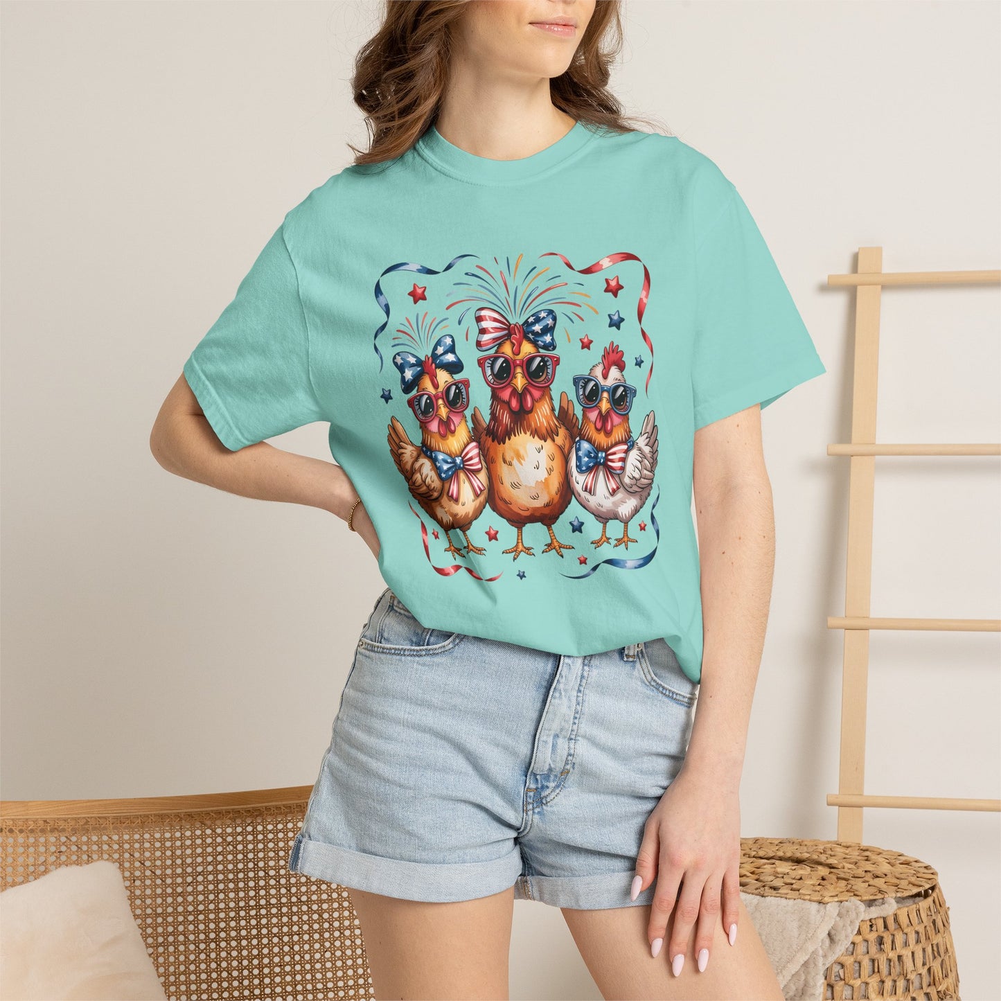 COMFORT COLORS - Patriotic Chickens T-Shirt — 4th of July Farm Animal Graphic Tee