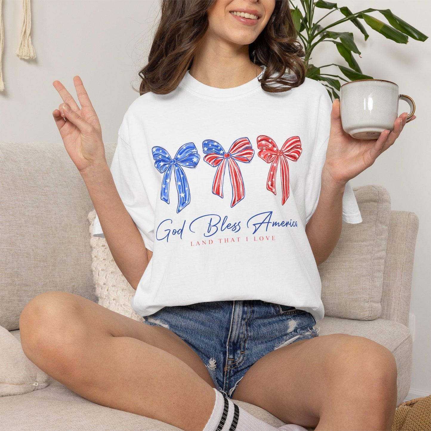 God Bless America Patriotic T-Shirt — Red, White & Blue Bow Design