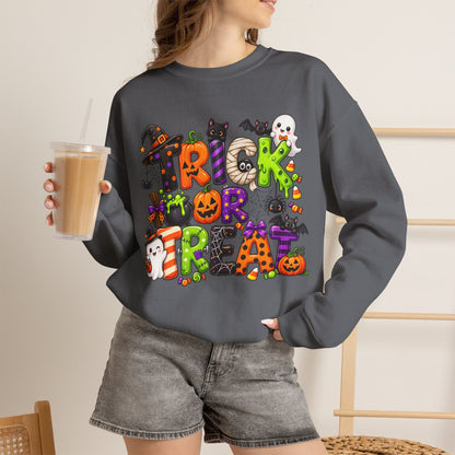 GILDAN - Halloween "Trick or Treat" Crewneck Sweatshirt - Cute Spooky Candy Graphic