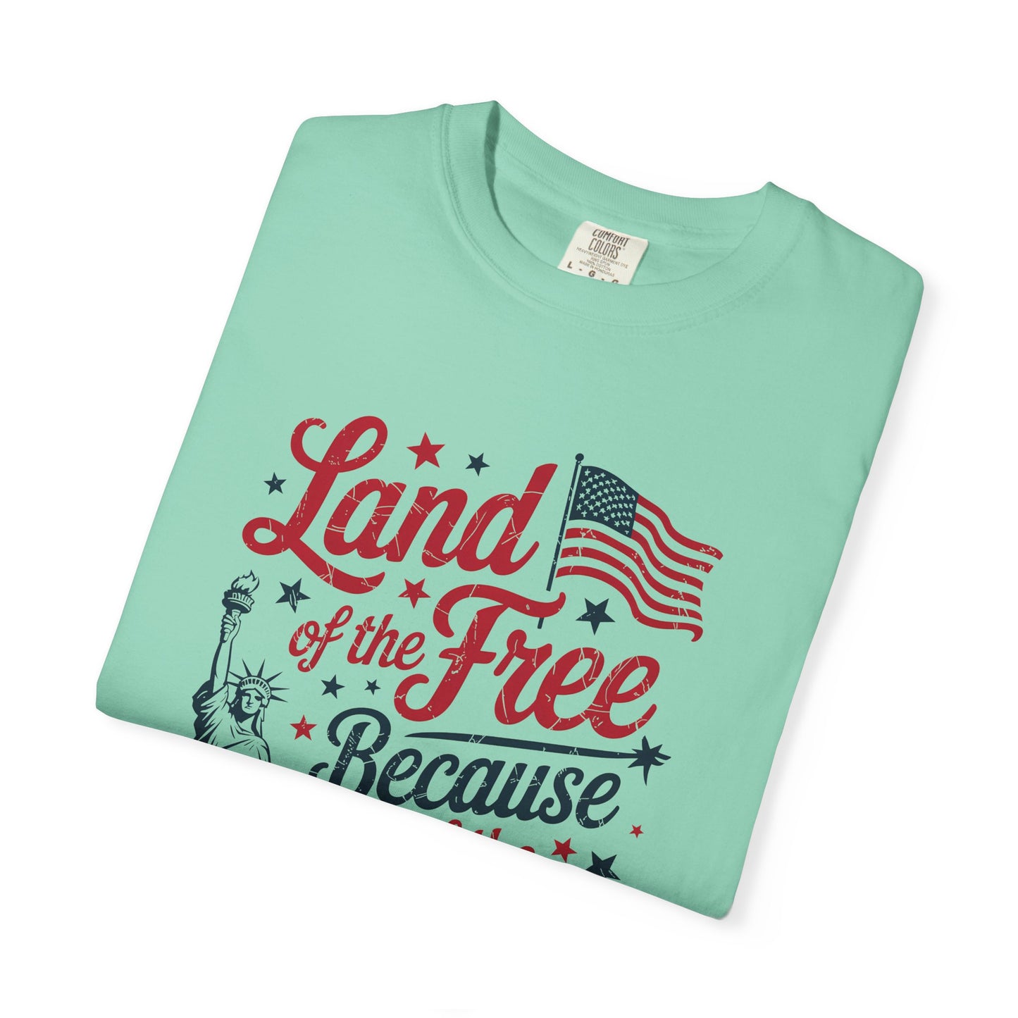 COMFORT COLORS - Land of the Free Because of the Brave T-Shirt — Patriotic Statue of Liberty Graphic Tee