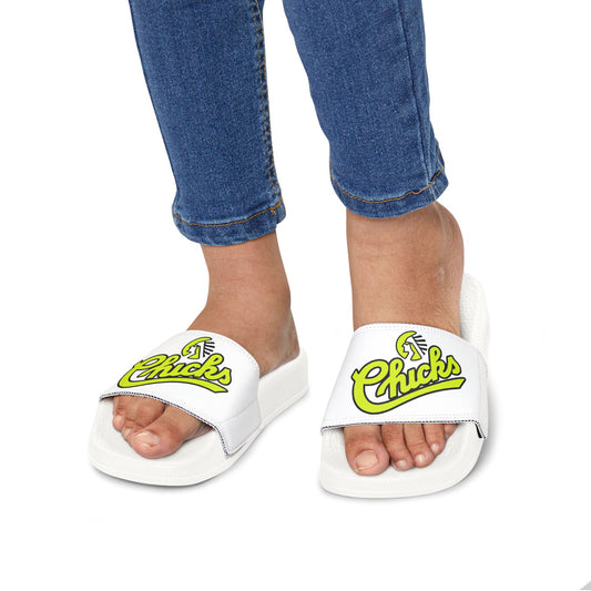 CHICKS SOFTBALL - Youth Slide Sandals with Removable Strap — Fun Neon Logo Slides for Kids