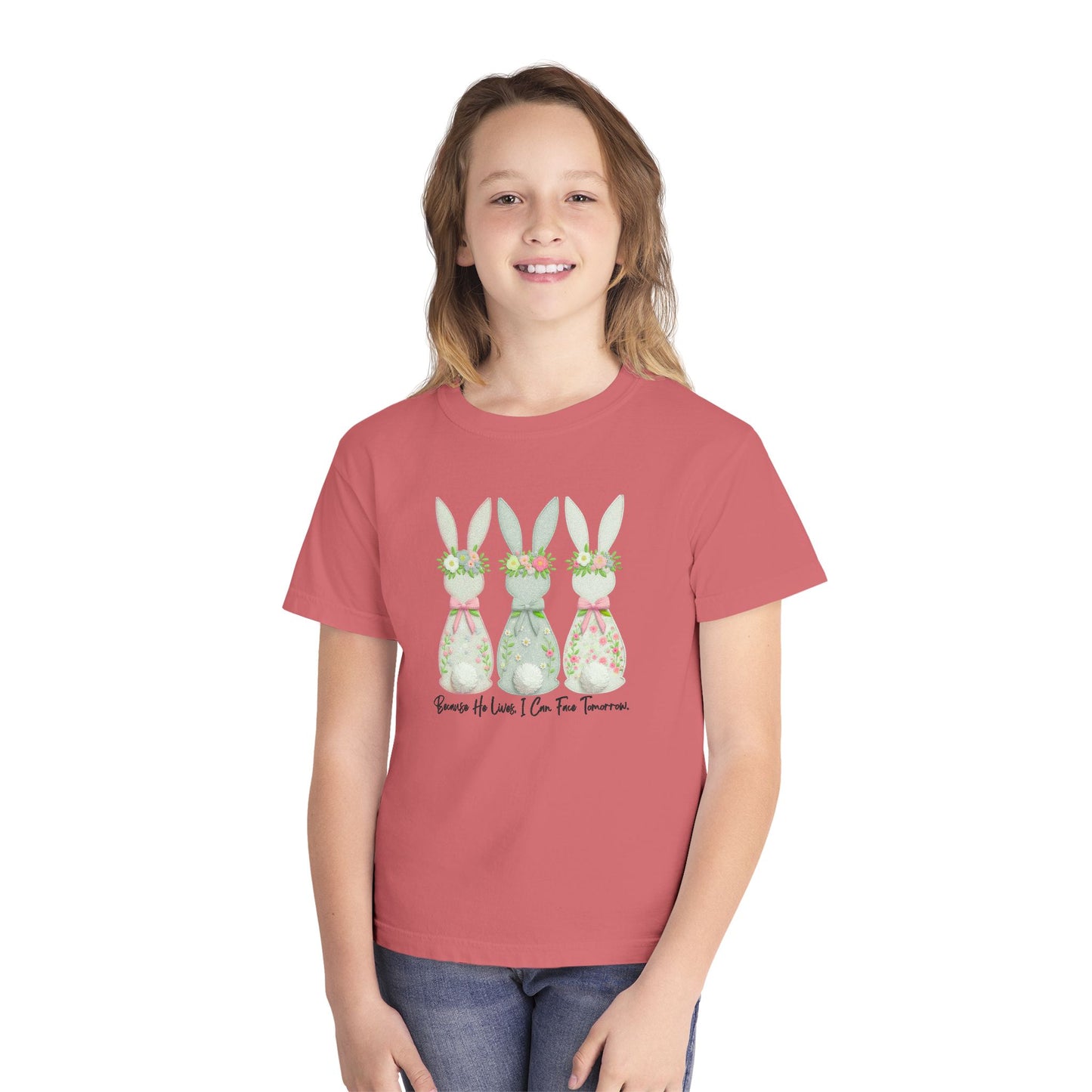 COMFORT COLORS - Easter Floral Bunny Youth Tee — 'Because He Lives'