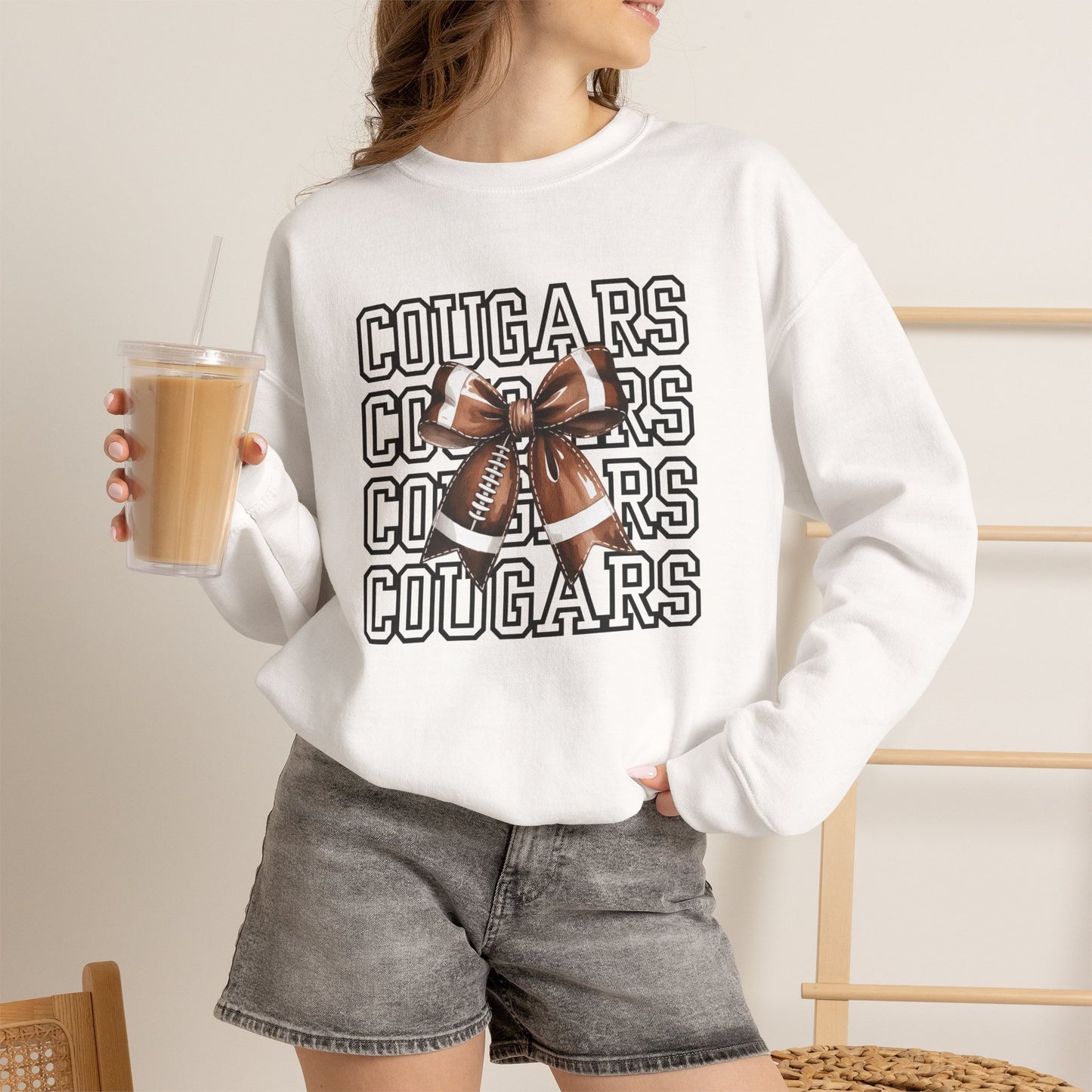 GILDAN - Cougars Cheer Bow Sweatshirt - Repeated Text Graphic Crewneck