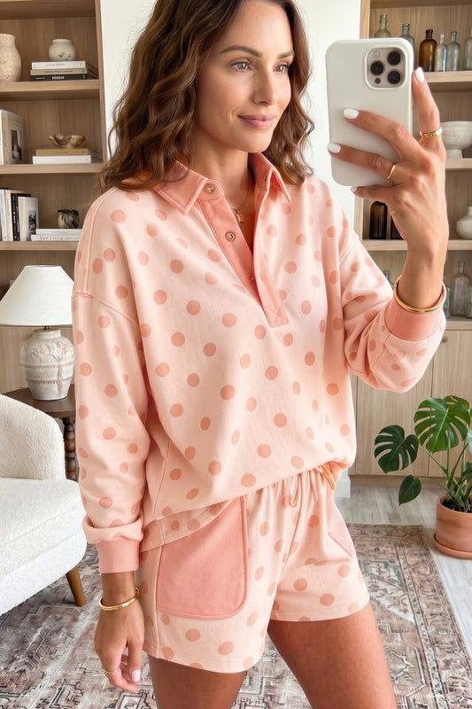Pink Polka Dot Drop Shoulder Polo Loose Pullover Patch Pocket Casual Shorts Set