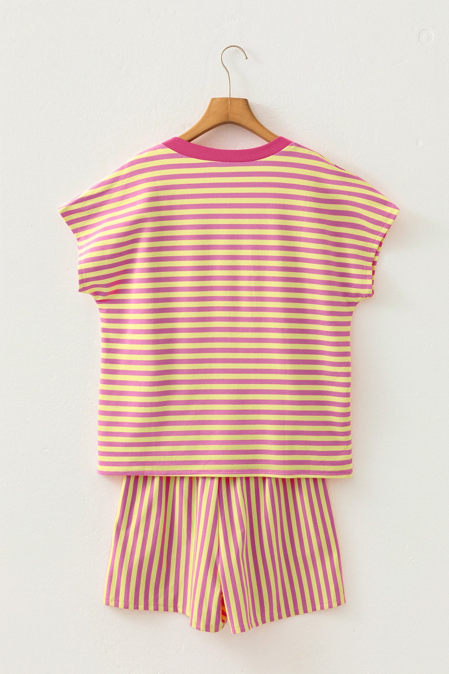 Red Stripe Colorblock Trim V Neck Tee Drawstring Elastic Waist Short Set