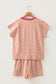 Red Stripe Colorblock Trim V Neck Tee Drawstring Elastic Waist Short Set