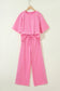 Sachet Pink Lace Patchwork Half Sleeve Top Elastic Waist Pants Two Piece Set
