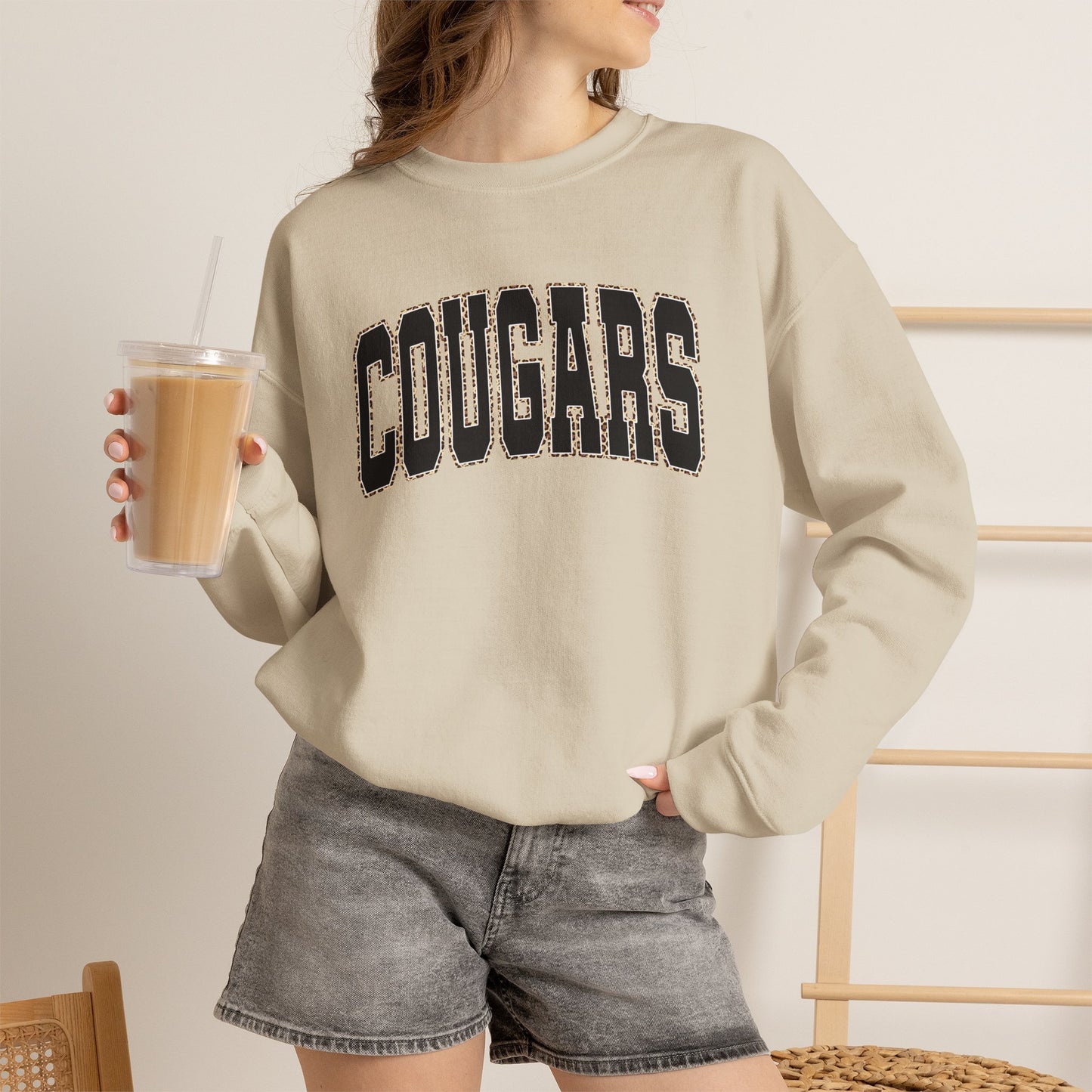 GILDAN - Cougars Crewneck Sweatshirt — BLACK LETTERS LEOPARD OUTLINE - Vintage Collegiate Team Pullover
