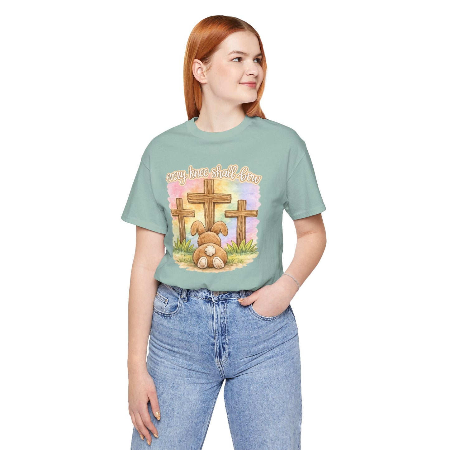 BELLA  CANVAS - Easter Bunny Kneeling at Crosses T‑Shirt — Christian Easter Faith Tee