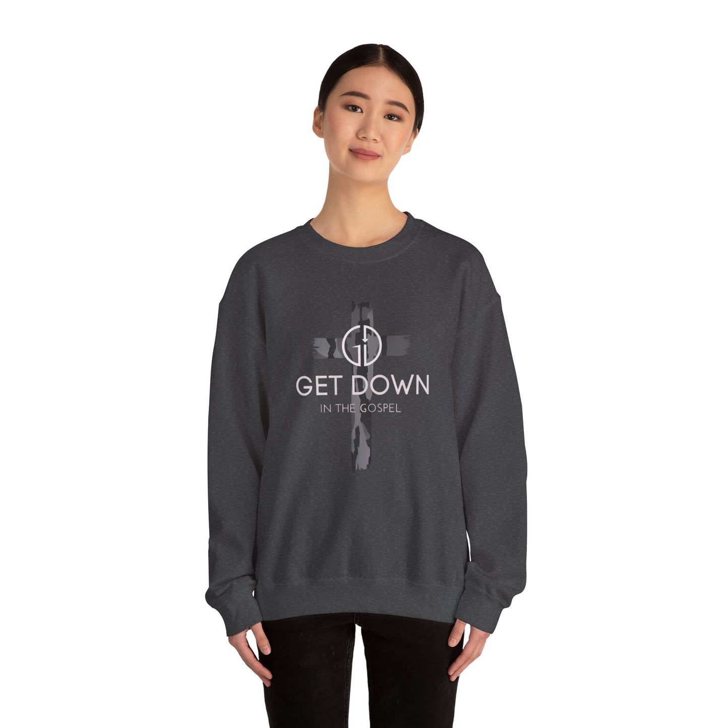 GET DOWN IN THE GOSPEL ADULT SWEATSHIRT GRAY CAMO CROSS